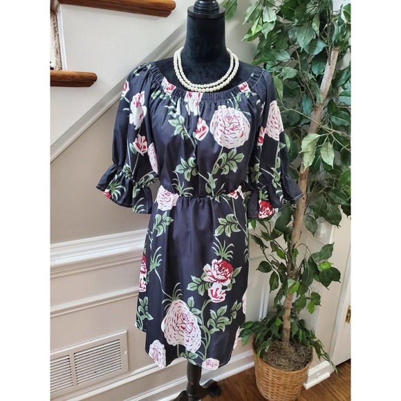 SHEIN Women's Black Floral Polyester Round Neck Off Shoulder Length Dress M - Picture 1 of 10